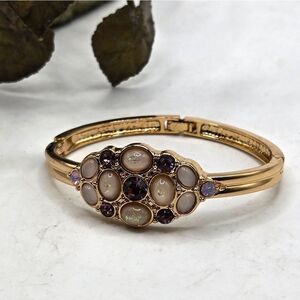 "5/$25" Goldtone Purple/Cream Cabachon Bead Cluster Hinged Clip Bangle Bracelet